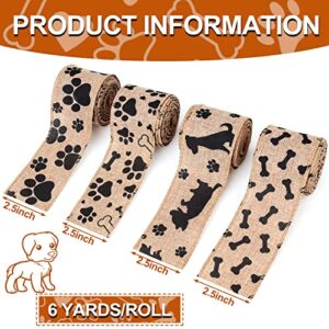 Kuscul 4 Rolls Dog Print Ribbons, 20 Yards Dog Bone Ribbon Doggy Paw Print Ribbon Wired Paw Print Burlap Ribbon for Dog Wreaths Swag Bow Making Dog-Lover Gift Wrapping, DIY Crafting and Party Decor