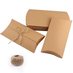 cewor kraft pillow box 50pcs, 6.3×3.7 inches gift boxes with 100 feet jute twines, paper gift box for jewelry, candy gift packaging, wedding present and birthday party favor