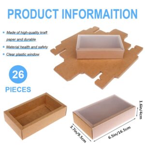 26 PCS Rectangle Drawer Kraft Boxes Small Cardboard Present Packaging Boxes for Party Favor Treats, Candy and Jewelry Crafts, 6.5 x 3.7 x 1.6 inch (Clear,Brown)