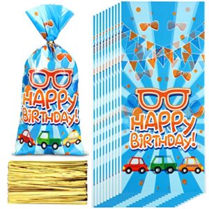 100 pcs birthday party cellophane treat bags english teacher party bags plastic candy goodie bags birthday favors gift bags with 100 pcs twist ties for kid blue orange themed party decoration supplie