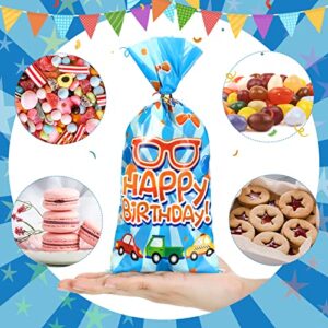 100 Pcs Birthday Party Cellophane Treat Bags English Teacher Party Bags Plastic Candy Goodie Bags Birthday Favors Gift Bags with 100 Pcs Twist Ties for Kid Blue Orange Themed Party Decoration Supplie