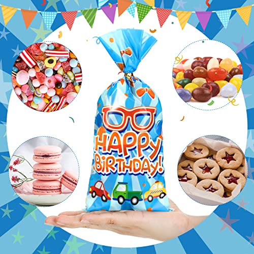 100 Pcs Birthday Party Cellophane Treat Bags English Teacher Party Bags Plastic Candy Goodie Bags Birthday Favors Gift Bags with 100 Pcs Twist Ties for Kid Blue Orange Themed Party Decoration Supplie
