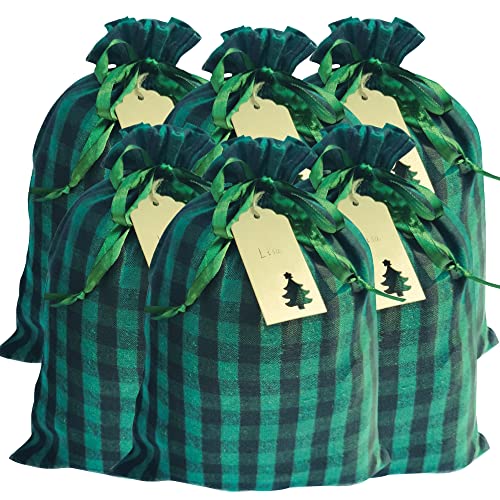 Eylola 6 Pieces 11.8 x 15.7 inch Christmas Buffalo Plaid Drawstring Bag Cotton Xmas Bag Plaid Present Bag Christmas Santa Sack Xmas Stocking Bag Party Supplies (Green and Black)