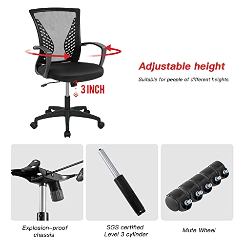 Office Chair Computer Chair Ergonomic Mid Back Swivel Chair Rolling Desk Chair with Armrest Height Adjustable Lumbar Support Mesh Chair,Black
