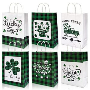 AnyDesign St. Patrick's Day Paper Bags with Handle Green Black Buffalo Plaids Shamrock Truck Gift Bags Lucky Charm Party Favor bags for Irish Holiday, 12Pcs, 5.9 x 8.3 x 3.1 Inch