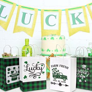 AnyDesign St. Patrick's Day Paper Bags with Handle Green Black Buffalo Plaids Shamrock Truck Gift Bags Lucky Charm Party Favor bags for Irish Holiday, 12Pcs, 5.9 x 8.3 x 3.1 Inch