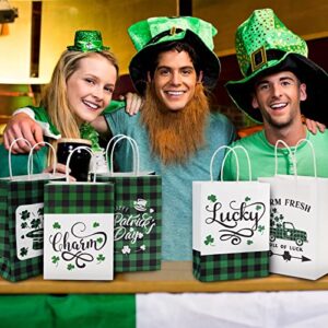 AnyDesign St. Patrick's Day Paper Bags with Handle Green Black Buffalo Plaids Shamrock Truck Gift Bags Lucky Charm Party Favor bags for Irish Holiday, 12Pcs, 5.9 x 8.3 x 3.1 Inch