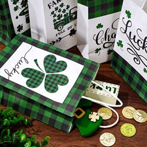 AnyDesign St. Patrick's Day Paper Bags with Handle Green Black Buffalo Plaids Shamrock Truck Gift Bags Lucky Charm Party Favor bags for Irish Holiday, 12Pcs, 5.9 x 8.3 x 3.1 Inch