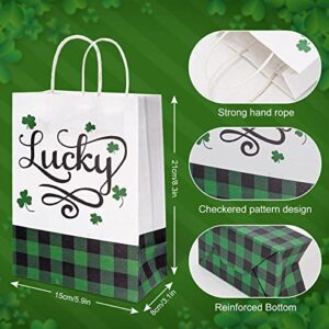 AnyDesign St. Patrick's Day Paper Bags with Handle Green Black Buffalo Plaids Shamrock Truck Gift Bags Lucky Charm Party Favor bags for Irish Holiday, 12Pcs, 5.9 x 8.3 x 3.1 Inch