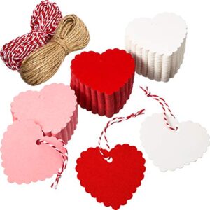 300 Pieces Valentine's Day Gift Tags Heart Shape Kraft Paper Tags Hang Label Hanging Decoration with Strings for Valentine's Party DIY Wrapping Supplies (Red, White, Pink)