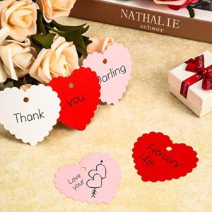 300 Pieces Valentine's Day Gift Tags Heart Shape Kraft Paper Tags Hang Label Hanging Decoration with Strings for Valentine's Party DIY Wrapping Supplies (Red, White, Pink)