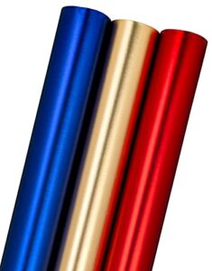 maypluss wrapping paper roll – mini roll – 17 inch x 120 inch per roll – solid matte gold/red/blue design (42.3 sq.ft.ttl)