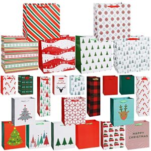 lulu home christmas wrapping bags, 24 packs assorted size art paper gift bags set with handles, xmas large medium small bottle bags for holiday birthday present packaging
