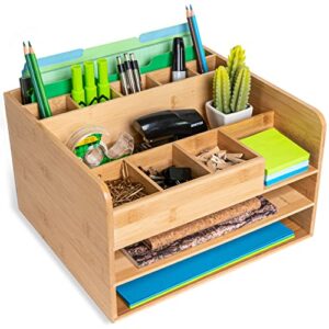 missionmax bamboo wood desk organizer, max storage with two file trays, vertical file, pens, pads and other bins to hold your work necessities