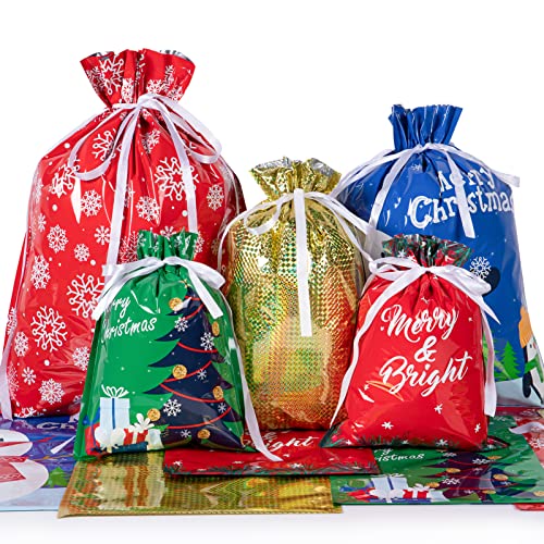 DECORLIFE Christmas Bags for Gifts, 30PCS Drawstring Christmas Gift Bags, Assorted Sizes for Presents, 5 Designs and 4 Size (Extra Large, Large, Medium, Small), Xmas Wrapping Bags Bulk for Holiday Goody