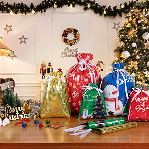 DECORLIFE Christmas Bags for Gifts, 30PCS Drawstring Christmas Gift Bags, Assorted Sizes for Presents, 5 Designs and 4 Size (Extra Large, Large, Medium, Small), Xmas Wrapping Bags Bulk for Holiday Goody