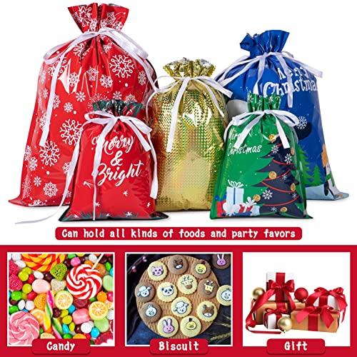 DECORLIFE Christmas Bags for Gifts, 30PCS Drawstring Christmas Gift Bags, Assorted Sizes for Presents, 5 Designs and 4 Size (Extra Large, Large, Medium, Small), Xmas Wrapping Bags Bulk for Holiday Goody