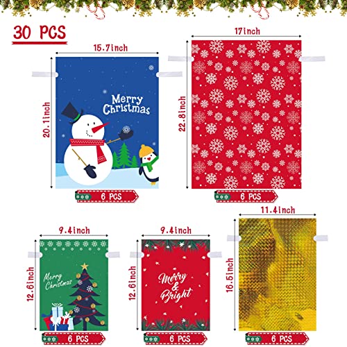 DECORLIFE Christmas Bags for Gifts, 30PCS Drawstring Christmas Gift Bags, Assorted Sizes for Presents, 5 Designs and 4 Size (Extra Large, Large, Medium, Small), Xmas Wrapping Bags Bulk for Holiday Goody