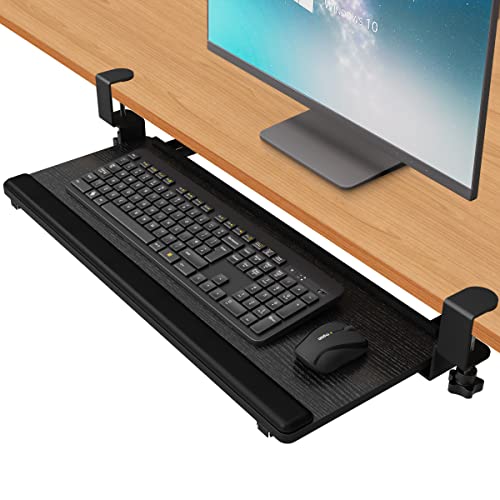 EQEY Keyboard Tray Under Desk Slide,Clamp On Keyboard Tray Under Desk Keyboard Tray Slide Out with Sturdy C-Clamp Mount & Wrist Support Pad Keyboard Drawer for Desk (30 x 10 inch) Black