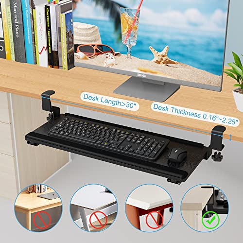 EQEY Keyboard Tray Under Desk Slide,Clamp On Keyboard Tray Under Desk Keyboard Tray Slide Out with Sturdy C-Clamp Mount & Wrist Support Pad Keyboard Drawer for Desk (30 x 10 inch) Black