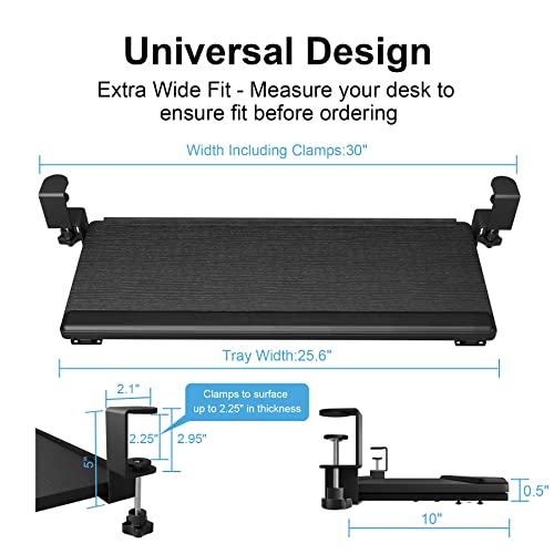 EQEY Keyboard Tray Under Desk Slide,Clamp On Keyboard Tray Under Desk Keyboard Tray Slide Out with Sturdy C-Clamp Mount & Wrist Support Pad Keyboard Drawer for Desk (30 x 10 inch) Black