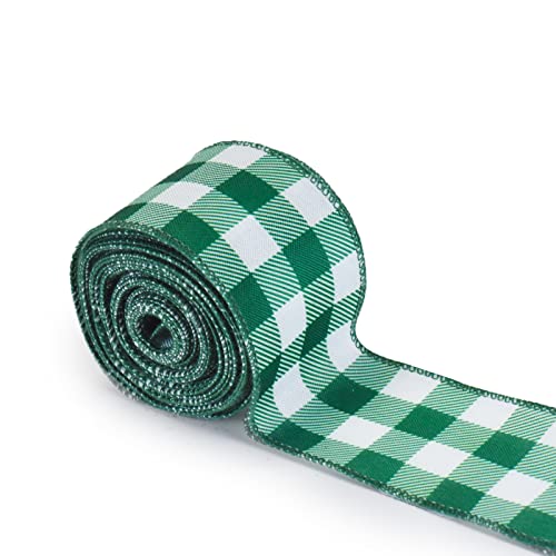 St Patrick's Day Wired Edge Ribbons for Gift Wrapping Tree Wreaths DIY Crafts, Green and White Check Buffalo Plaid Fabric Ribbons for Home Theme Party Earth Day Decorations, 2.5" × 10 Yard, 1 Roll