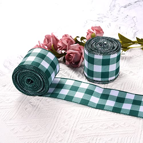 St Patrick's Day Wired Edge Ribbons for Gift Wrapping Tree Wreaths DIY Crafts, Green and White Check Buffalo Plaid Fabric Ribbons for Home Theme Party Earth Day Decorations, 2.5" × 10 Yard, 1 Roll