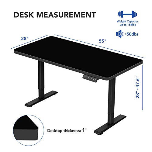 FLEXISPOT EN1 Electric Height Adjustable Standing Desk 55 x 28 Inches Whole-Piece Desk Board Memory Controller Home Office Standing Desk(Black Frame + 55" Black Top)