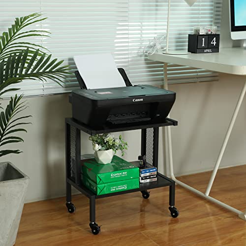 LUMAMU Printer Stand with Storage, Under Desk Printer Table with Storage 2 Tiers Mobile Rolling Printer Cart with Wheels Wooden Desktop Organizer for Printers Fax Home Office,Black
