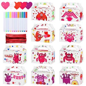 aodaer 30 sets diy valentine treat boxes color your own paintable monster prints candy box party favor boxes with heart tag twist tie pen for kids valentine party school supplies, 6.3 x 3.5 x 3.5 inch