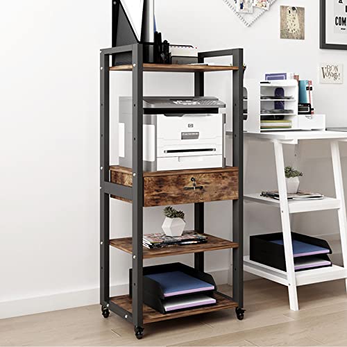 Natwind 4-Tiers Home Office Printer Stand Rack with Drawer Mobile Double Printer Cart with Adjustable Shelves Large Storage Rack on Wheels for Home Office Study Kitchen (Retro)