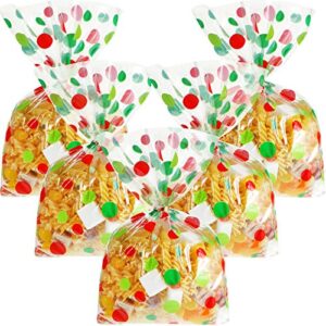 50 counts 15 x 25 cm flat clear cellophane treat bags block bottom pumpkin halloween patterned storage bags sweet bags with 300 pieces twist ties for halloween christmas party favor (red green dot)