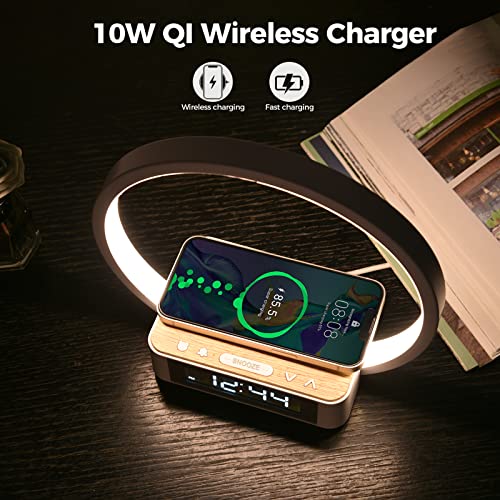 blonbar Bedside Lamp Qi Wireless Charger LED Desk Lamp with Alarm Clock, Touch Control 3 Light Hues, 10W Max Wireless Charging Table Lamp，Eye-Caring Reading Light for Kids, Adults, Home.