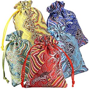 10pcs silk brocade jewelry pouch bag 4×5.5″ for wedding party favors, drawstring coin purse embroidered sachet candy chocolate bag for christmas new year birthday party (thick)