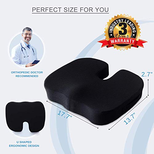 Coccyx Seat Cushion Orthopedic Memory Foam Seat Cushion for Car Office Wheelchair Desk, Comfort Chair Tailbone Pillow, Ventilated Designed for Hip Back Sciatica Pain Relief, Non-Slip Portable Black