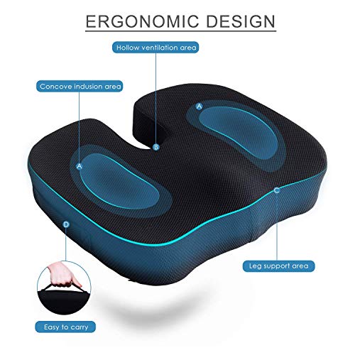 Coccyx Seat Cushion Orthopedic Memory Foam Seat Cushion for Car Office Wheelchair Desk, Comfort Chair Tailbone Pillow, Ventilated Designed for Hip Back Sciatica Pain Relief, Non-Slip Portable Black