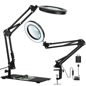 10x magnifying glass with light and stand, kirkas 2-in-1 stepless dimmable and 3 color modes led magnifying lamp, real glass lens magnifier desk lamp & clamp for reading, repair, hobby, close work