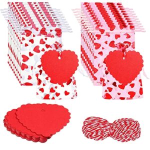 Ausejopeac 50 Pieces Valentine's Day Heart Candy Bags Love Organza Jewelry Pouches and 50 Pieces Kraft Paper Tags for Valentine's Day, Jewelry Packaging, Wedding Party, 8 x 10 cm