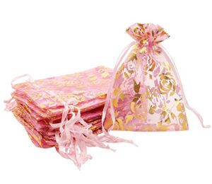 sumdirect pink drawstring organza bags – 100pcs 4×5 inches pink rose sheer jewelry gift bags, small mesh candy bags for wedding party festival