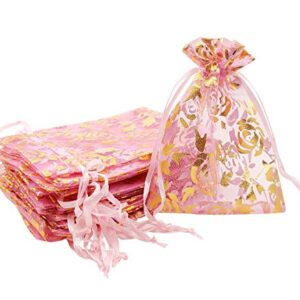 SumDirect Pink Drawstring Organza Bags - 100Pcs 4×5 Inches Pink Rose Sheer Jewelry Gift Bags, Small Mesh Candy Bags for Wedding Party Festival