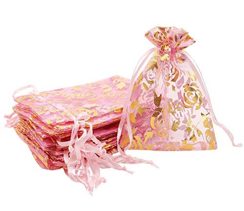 SumDirect Pink Drawstring Organza Bags - 100Pcs 4×5 Inches Pink Rose Sheer Jewelry Gift Bags, Small Mesh Candy Bags for Wedding Party Festival