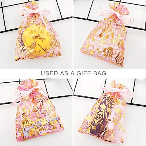 SumDirect Pink Drawstring Organza Bags - 100Pcs 4×5 Inches Pink Rose Sheer Jewelry Gift Bags, Small Mesh Candy Bags for Wedding Party Festival