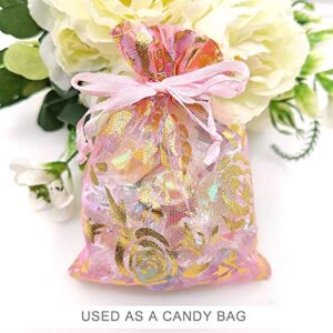 SumDirect Pink Drawstring Organza Bags - 100Pcs 4×5 Inches Pink Rose Sheer Jewelry Gift Bags, Small Mesh Candy Bags for Wedding Party Festival