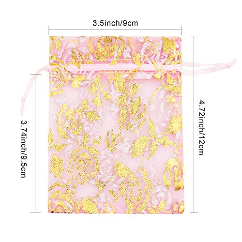 SumDirect Pink Drawstring Organza Bags - 100Pcs 4×5 Inches Pink Rose Sheer Jewelry Gift Bags, Small Mesh Candy Bags for Wedding Party Festival