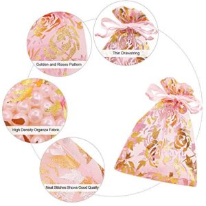 SumDirect Pink Drawstring Organza Bags - 100Pcs 4×5 Inches Pink Rose Sheer Jewelry Gift Bags, Small Mesh Candy Bags for Wedding Party Festival