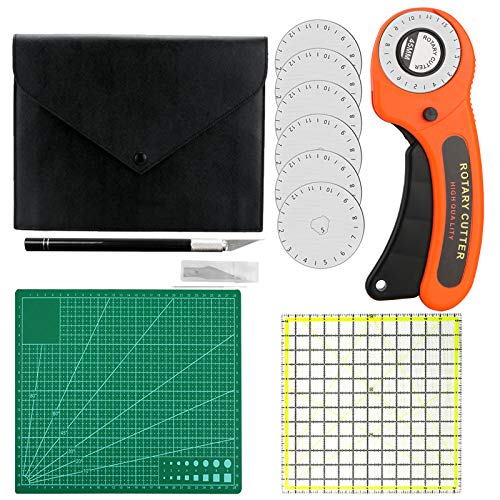 Rotary Cutter Kit, 45mm Rotary Cutter Tool Kit with 5 Extra Blades, Cutting Mat, Patchwork Ruler, Precision Knife, Craft Knife Ideal Craft Supplies Set for Sewing and Quilting