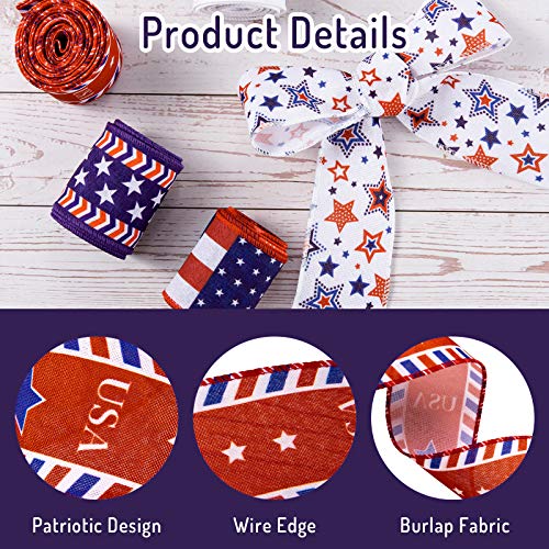 Whaline 5 Patriotic Ribbon Roll 4th of July Stars and Stripes Burlap Wired Edge Ribbon 25 Yards White Blue Red Decorative Ribbon for Independence Day Gift Wrapping DIY Wreath Bow Craft Sewing