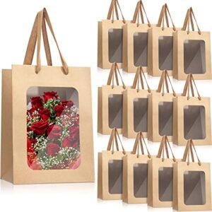 50 pcs paper gift bags with transparent window kraft shopping bags with handles 9.8 x 7.1 x 5.1 in clear gift bags small transparent window bag for valentine’s day present festival party (brown)