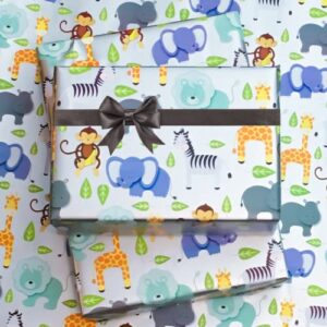 zoo animals lion elephant giraffe baby shower wrap wrapping gift paper 12ft folded with gift tags