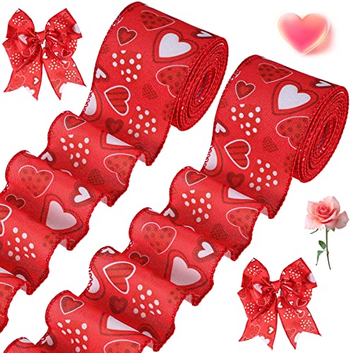 2 Roll Valentine's Day Hearts Wired Edge Ribbon Love Valentines Fabric Ribbons Red Ribbon for Gift Wrapping Party Wedding Decoration, 2.5" x 10 Yards Per Roll, Red White